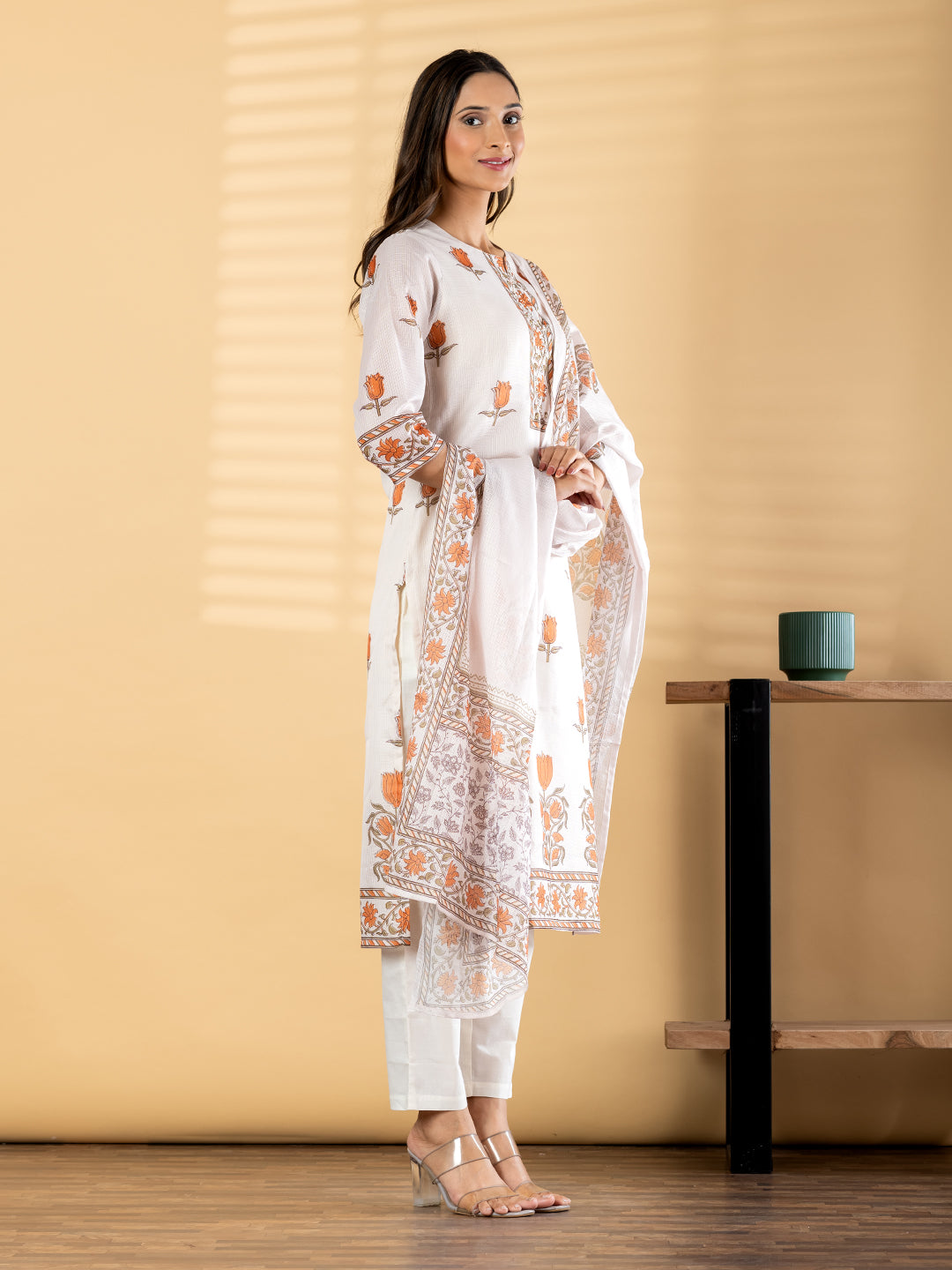 Cream Cota Doria Floral Suit Set with Dupatta