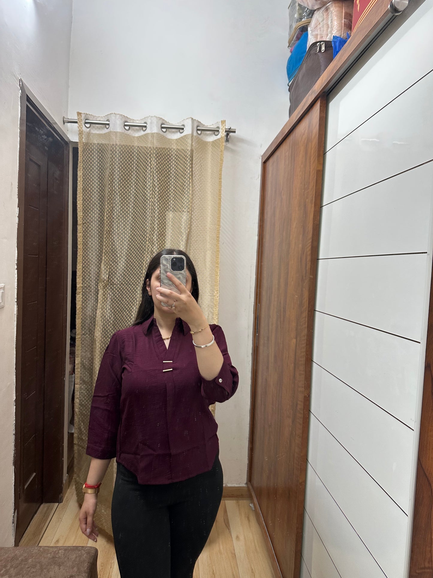 Maroon Solid Formal Shirt with Gold Accent