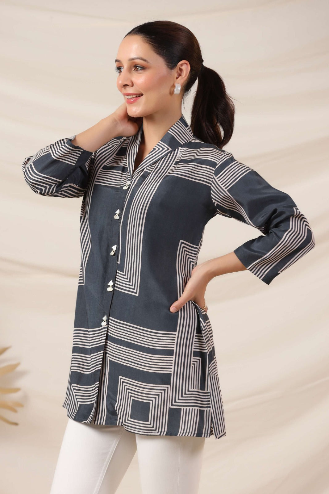 Charcoal Grey Russian Silk Button Top