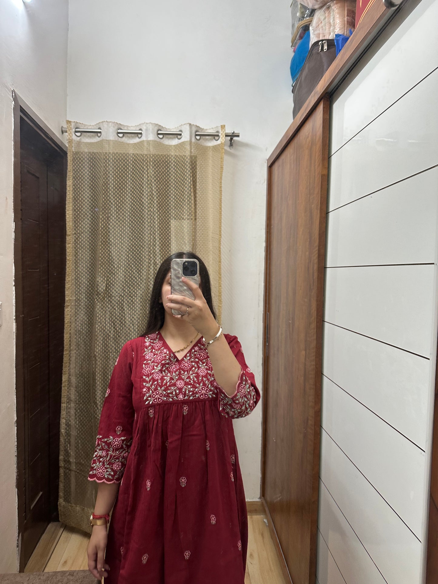 Maroon Embroidered Cotton Kurta Set