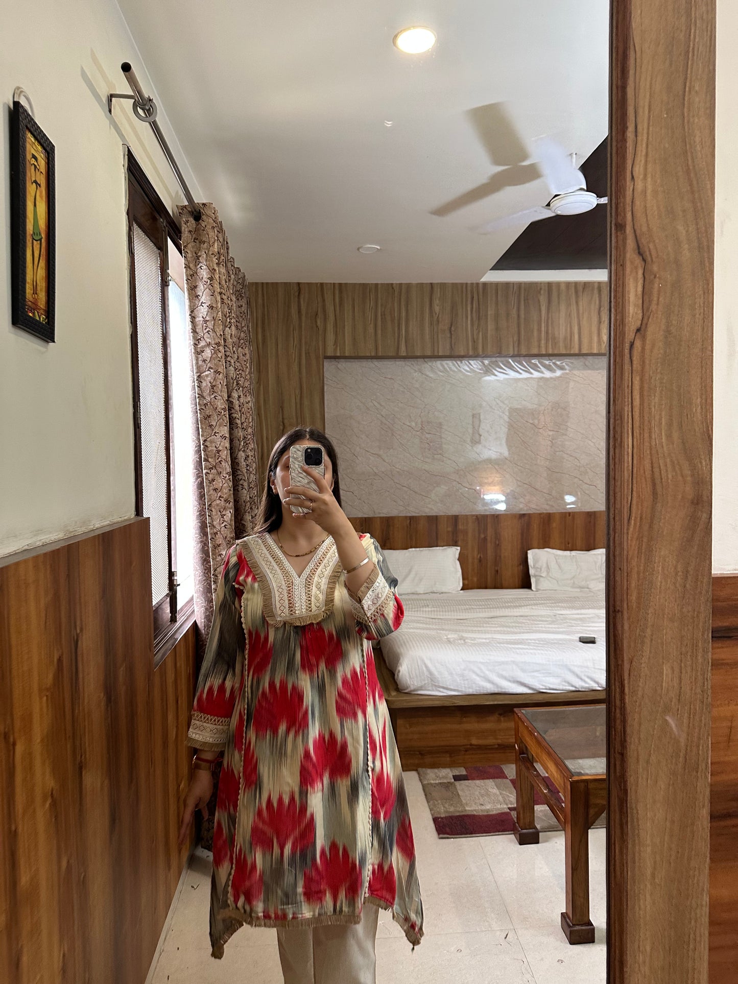 Red & Grey Ikat Print Cotton Kurta Set