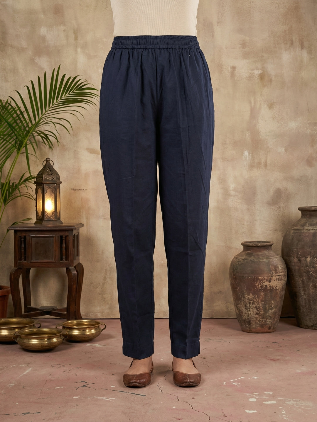 Navy Blue Cotton Anarkali Suit Set with Thread Work & Rajasthani Print