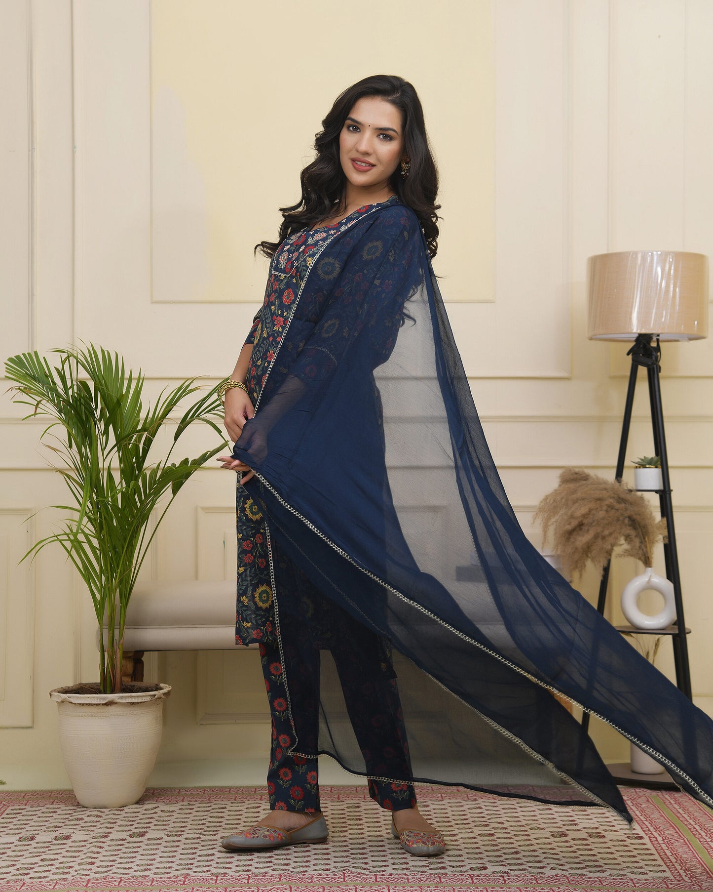 Navy Blue Pure Cotton Printed Suit Set