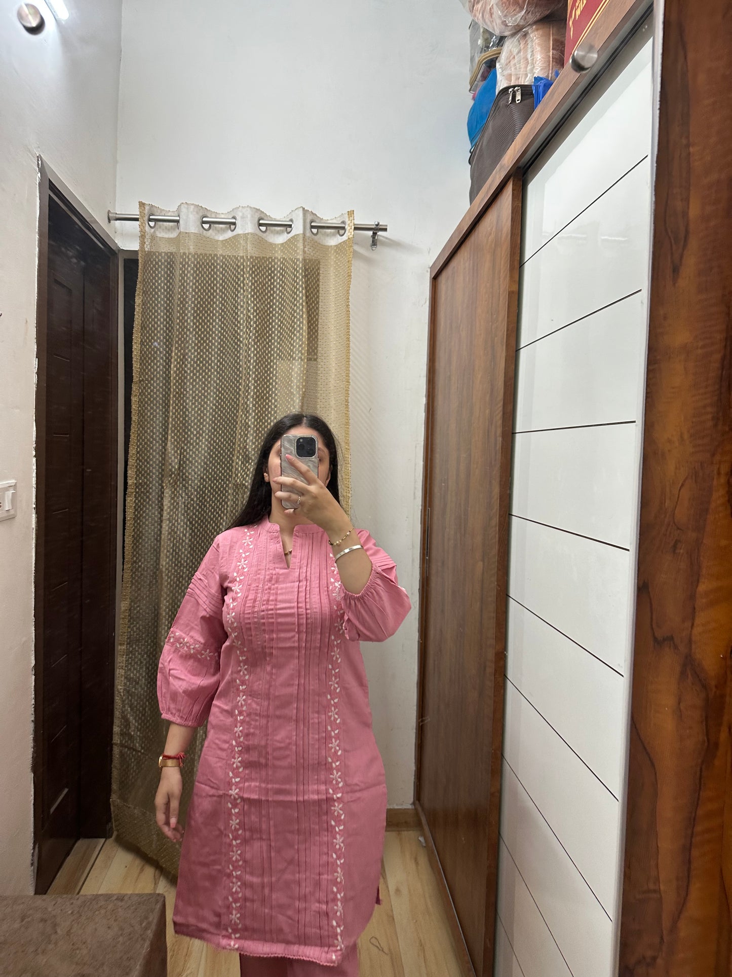 Blush Pink Khadi Cotton Kurta Set with Pintuck & Embroidery Detail