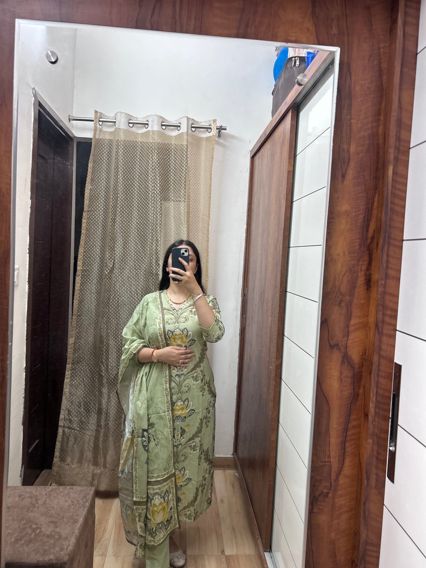 Sage Green Floral Printed Suit Set with Dupatta