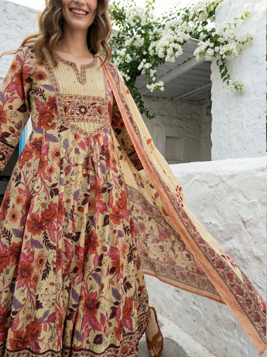 Beige Floral Cotton Anarkali Suit Set for Women