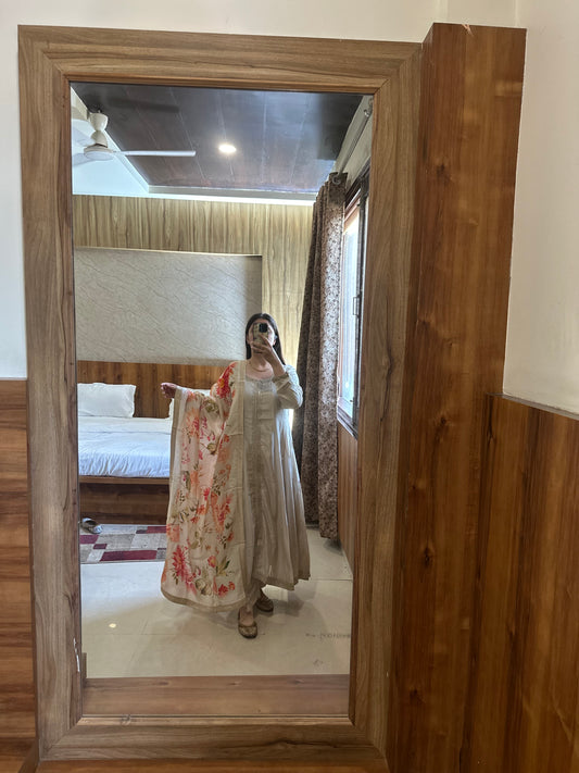 Center Cut Golden Anarkali with Floral Banarasi Dupatta