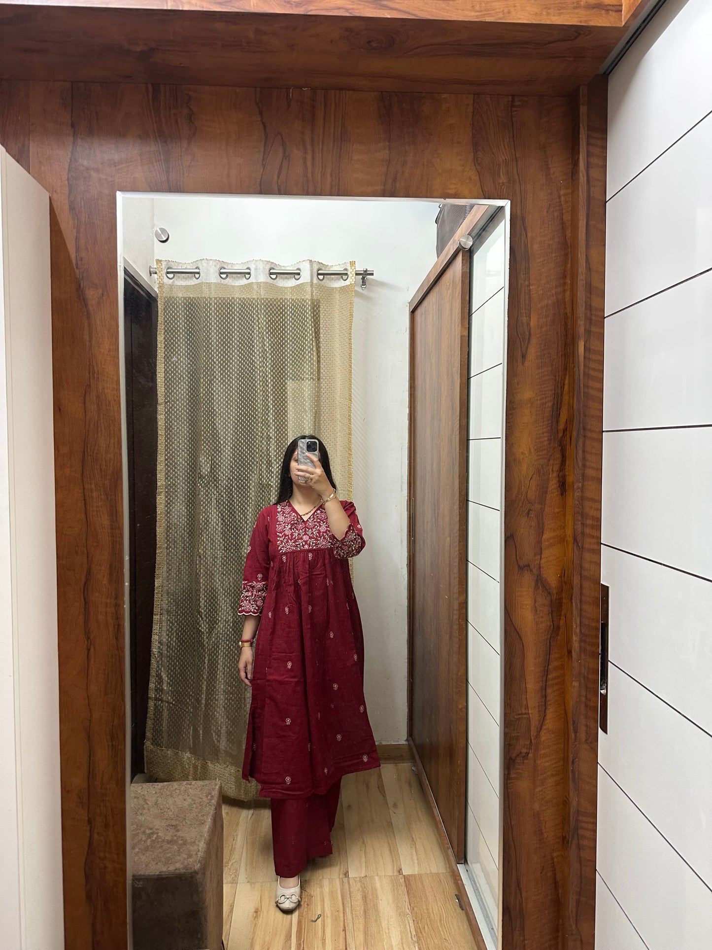 Maroon Embroidered Cotton Kurta Set
