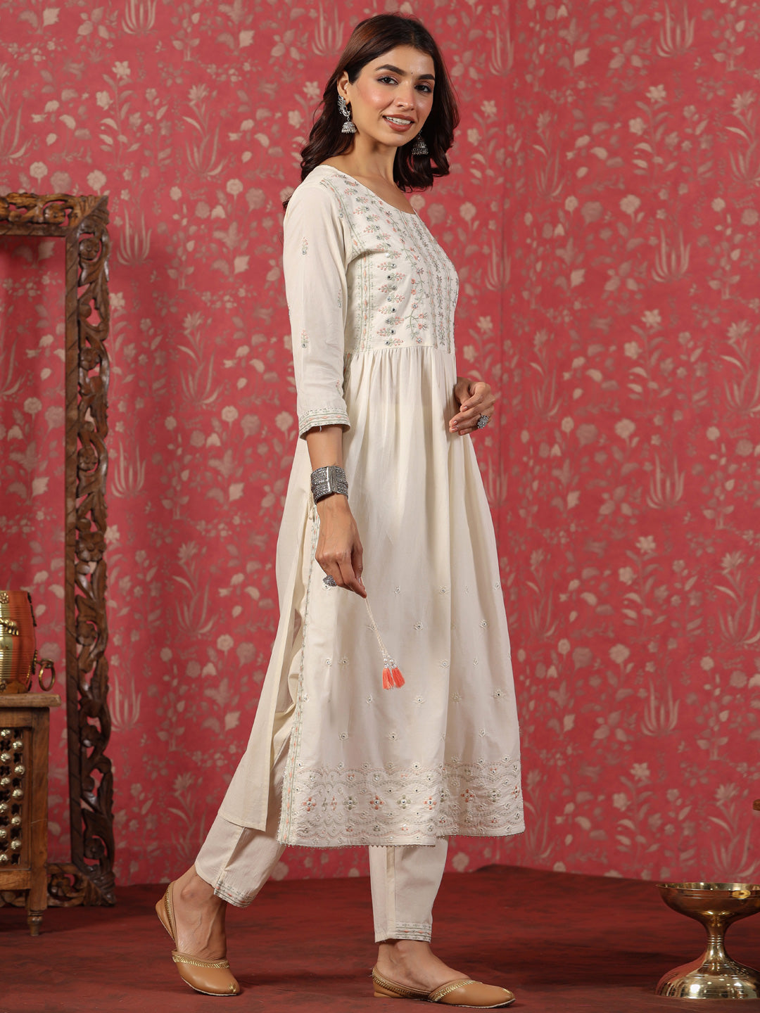 Cream Cotton Anarkali Suit Set with Delicate Thread Work
