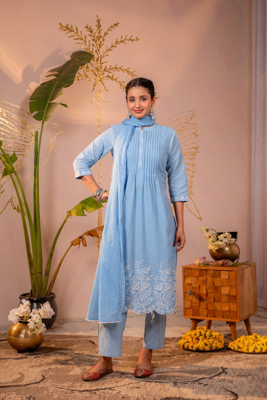 Sky Blue Cotton Suit Set with Dupatta – Elegant Pintex & Thread Work Ethnic Set
