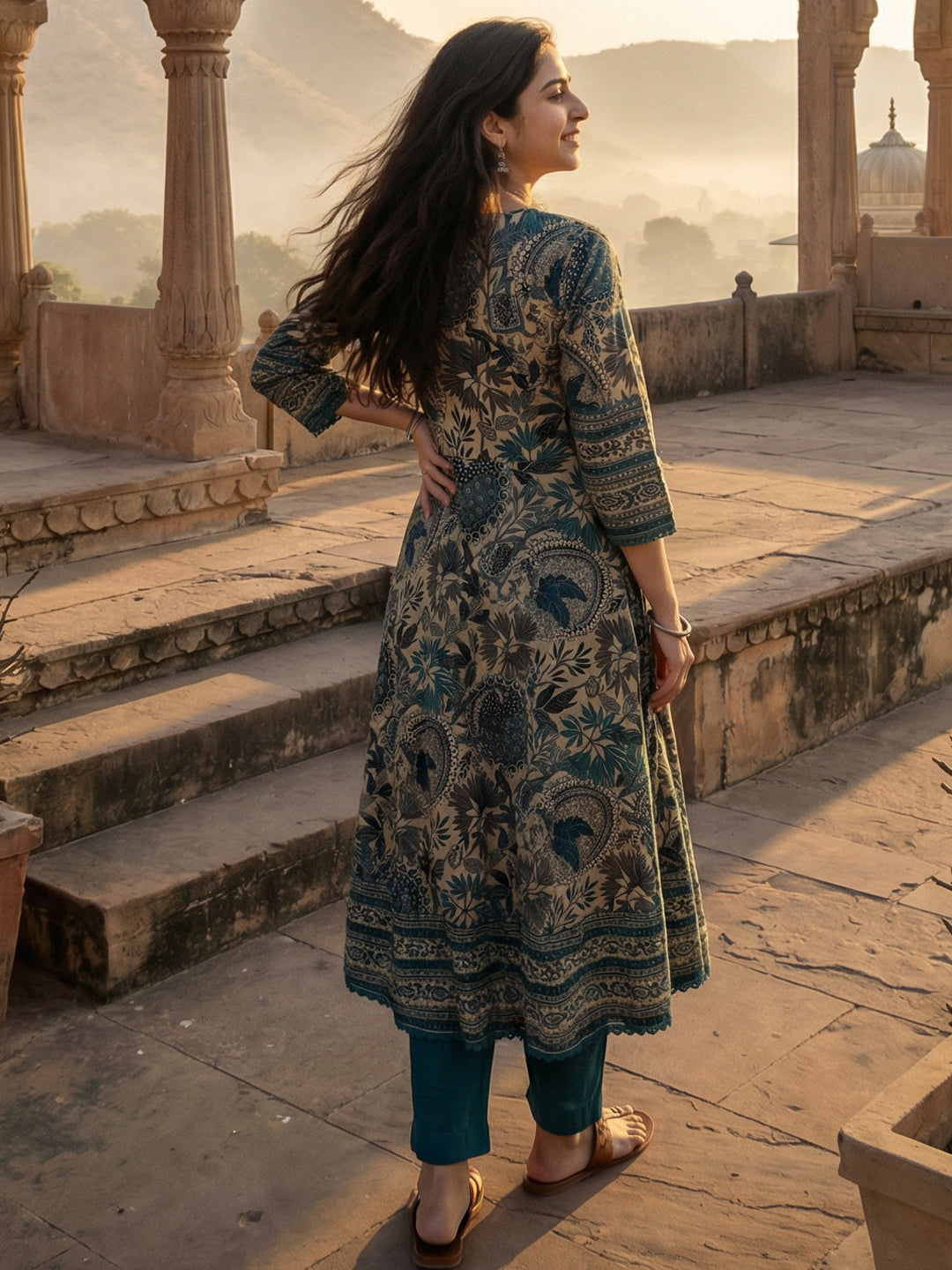 Teal Cotton Anarkali Suit Set for Women