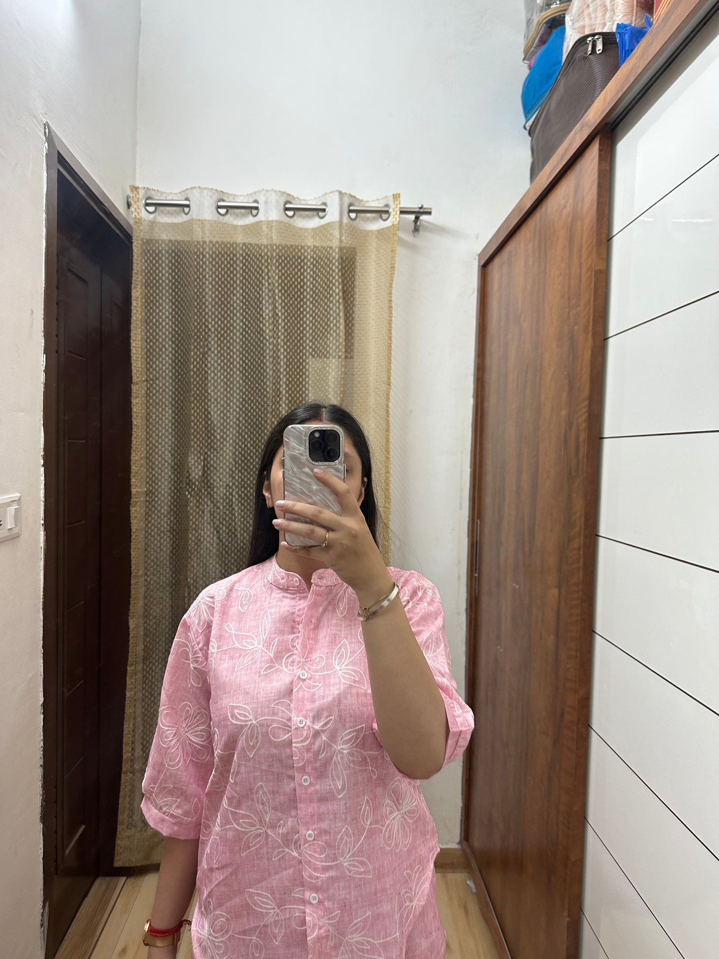 Blush Pink Linen Coord Set with Subtle Self-Print