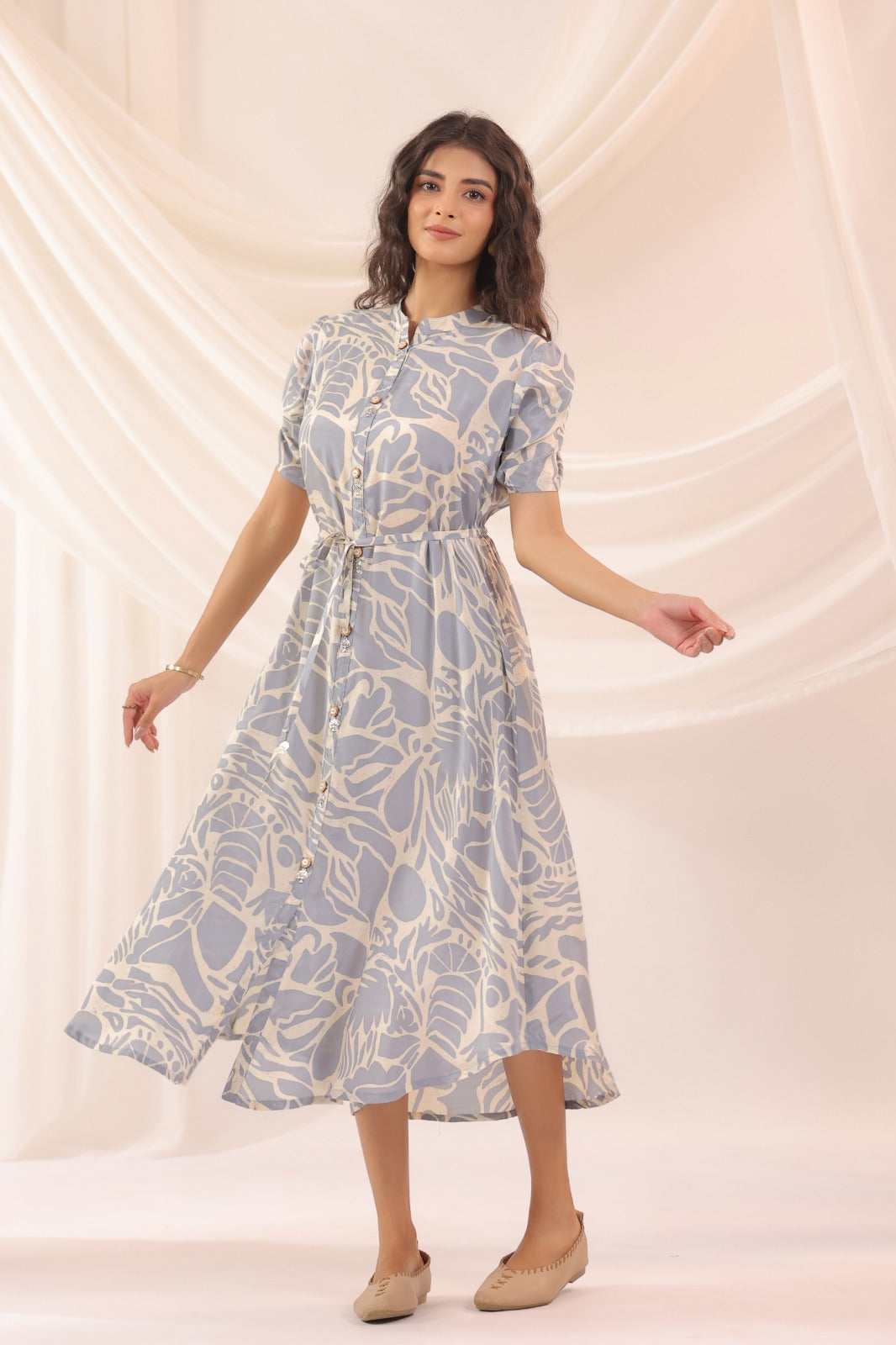 Pastel Blue Leaf Print Button-Down Midi Dress
