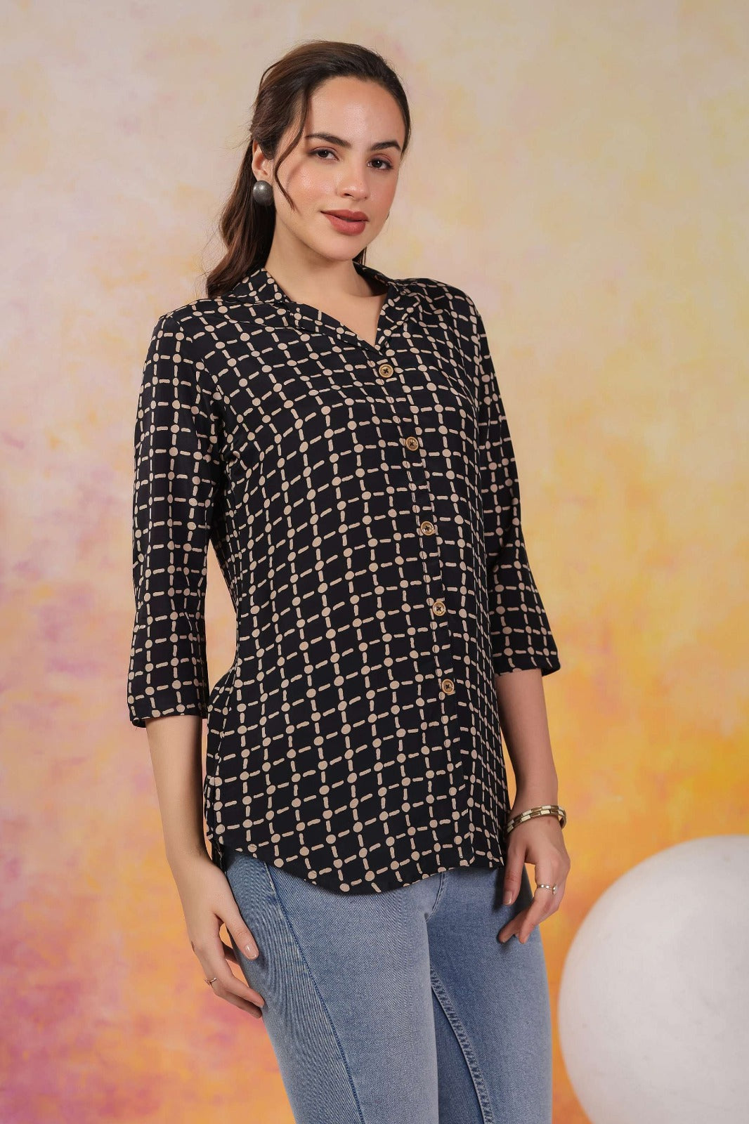 Black Russian Silk Button Top