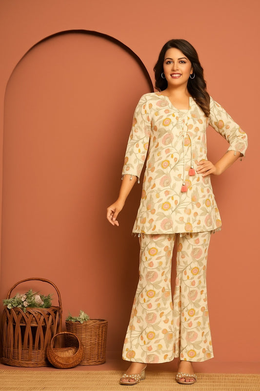 Beige Floral Cotton Coord Set for Women