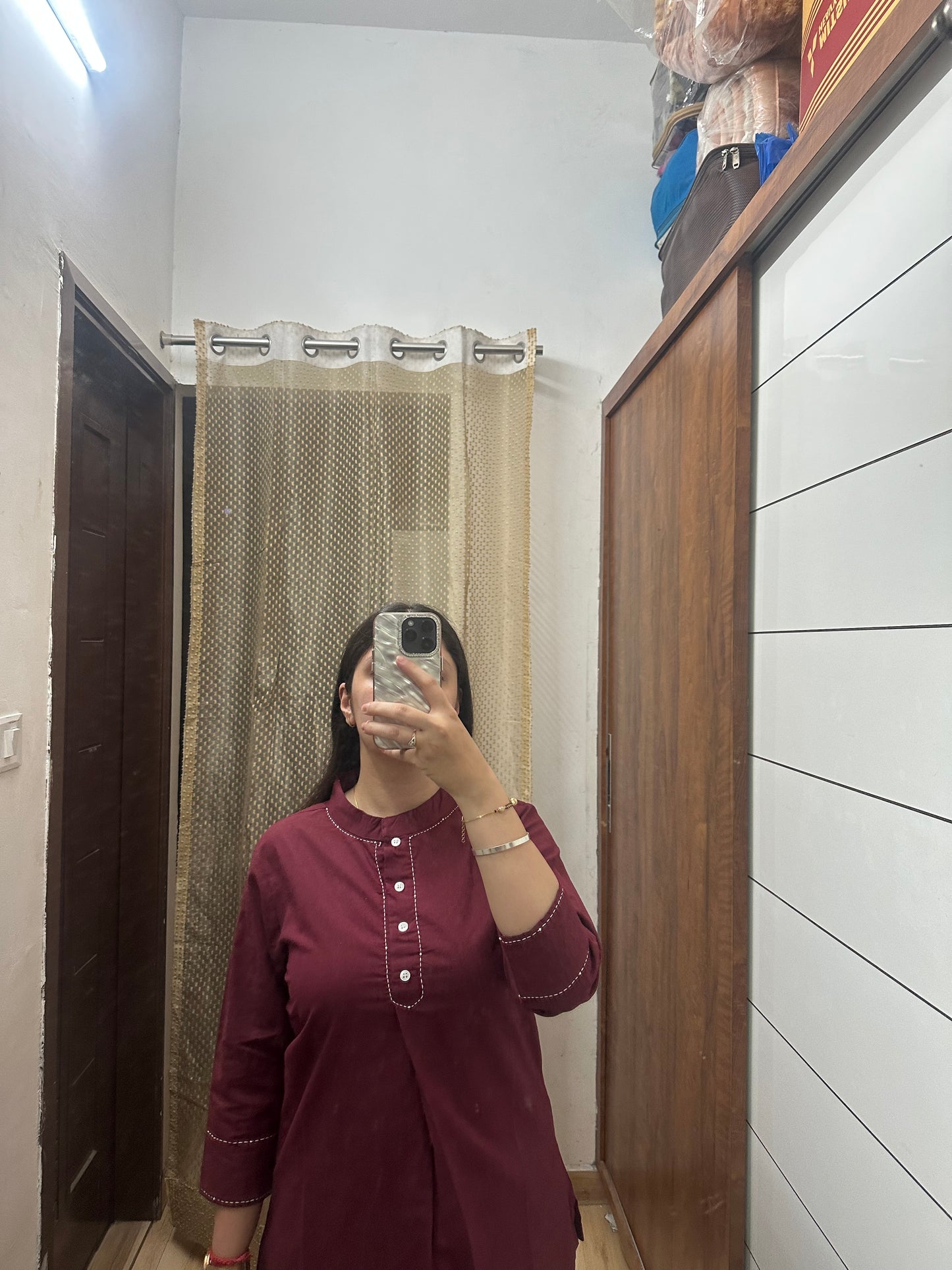 Solid Maroon Cotton Kurti Top – Pleated Front with Stitch Detailing