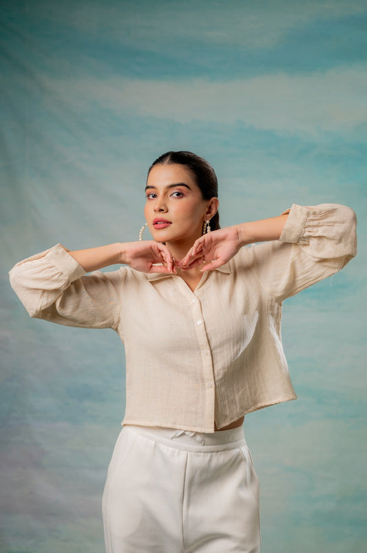 Beige Cotton Button Sleeve Casual Summer Shirt