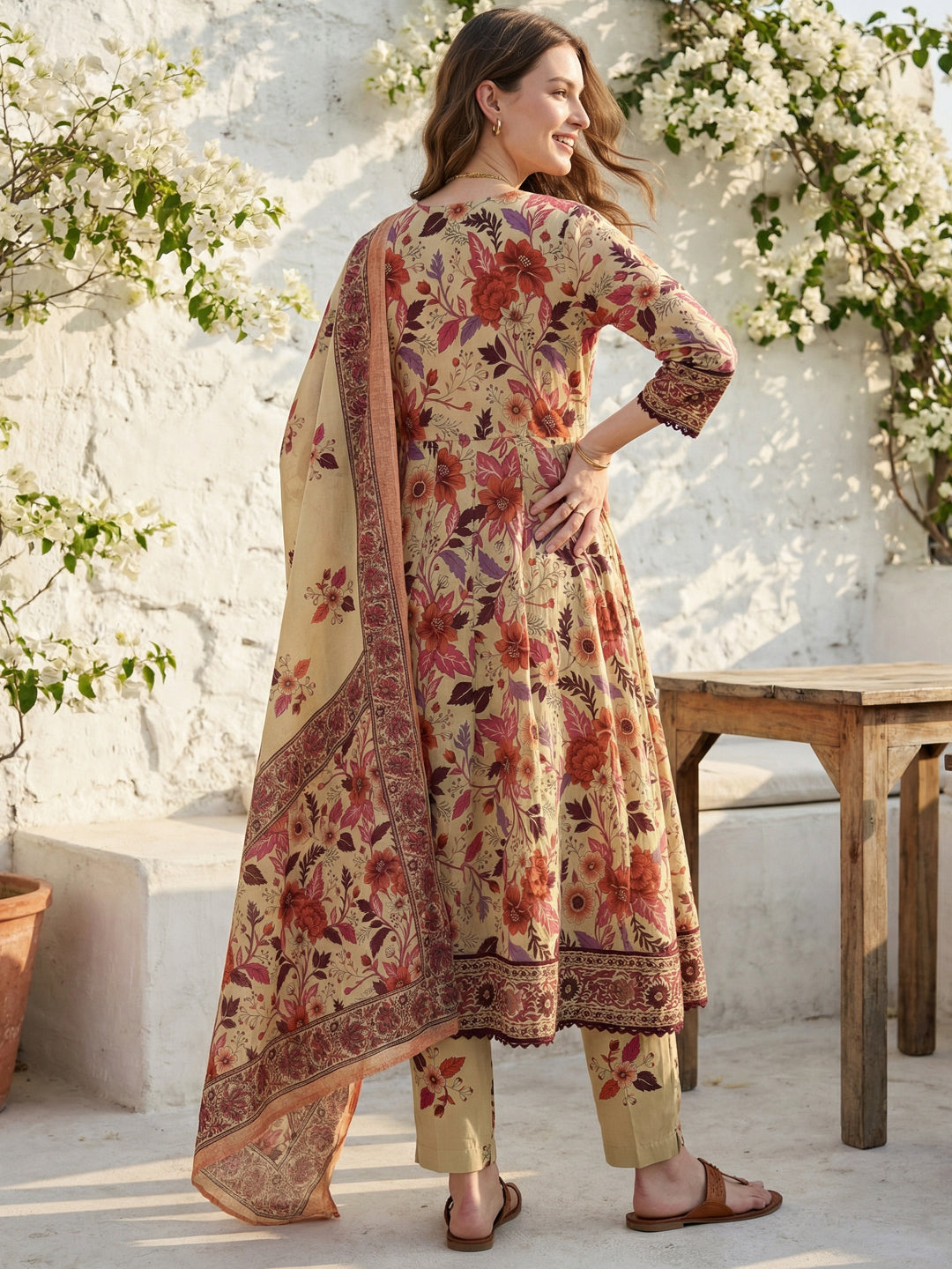 Beige Floral Cotton Anarkali Suit Set for Women