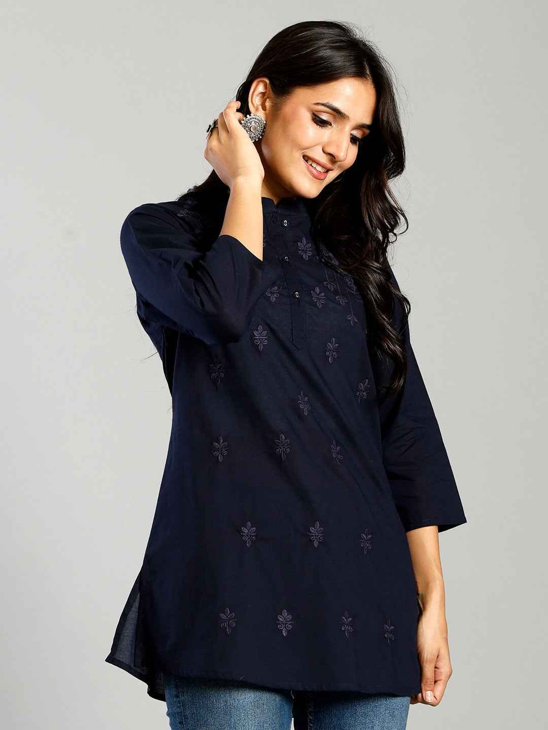 Navy Blue Cotton Chikankari Kurti Top – Thread Embroidered