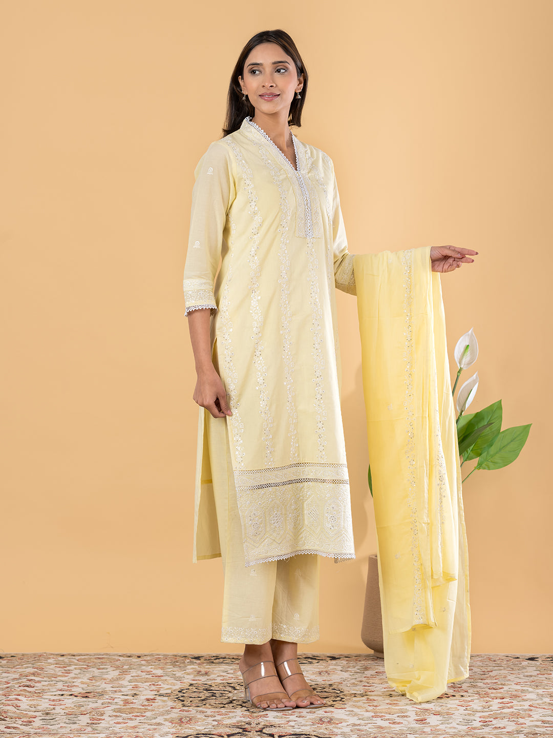 Lime Yellow Cotton Suit Set with Dupatt