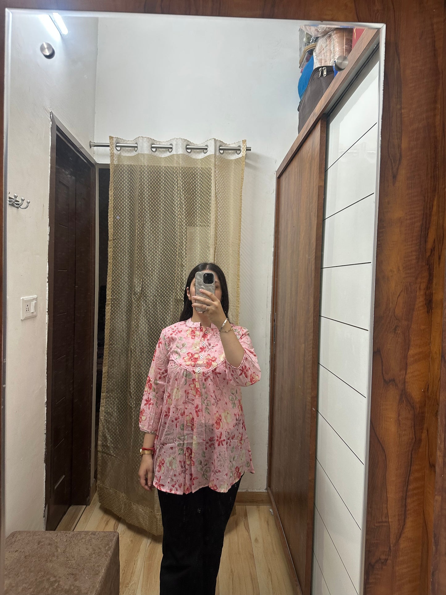 Pink Floral A-Line Cotton Kurti Top – Soft Gathered Yoke with Lace Button Detail