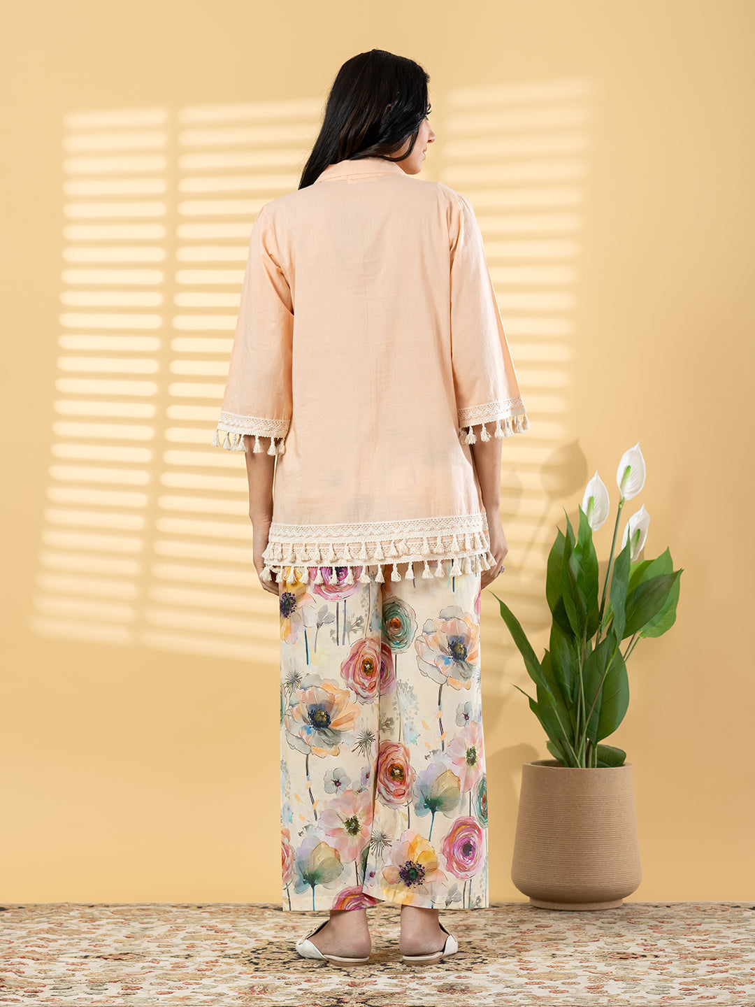 Peach Cotton Coord Set with Floral Printed Pants