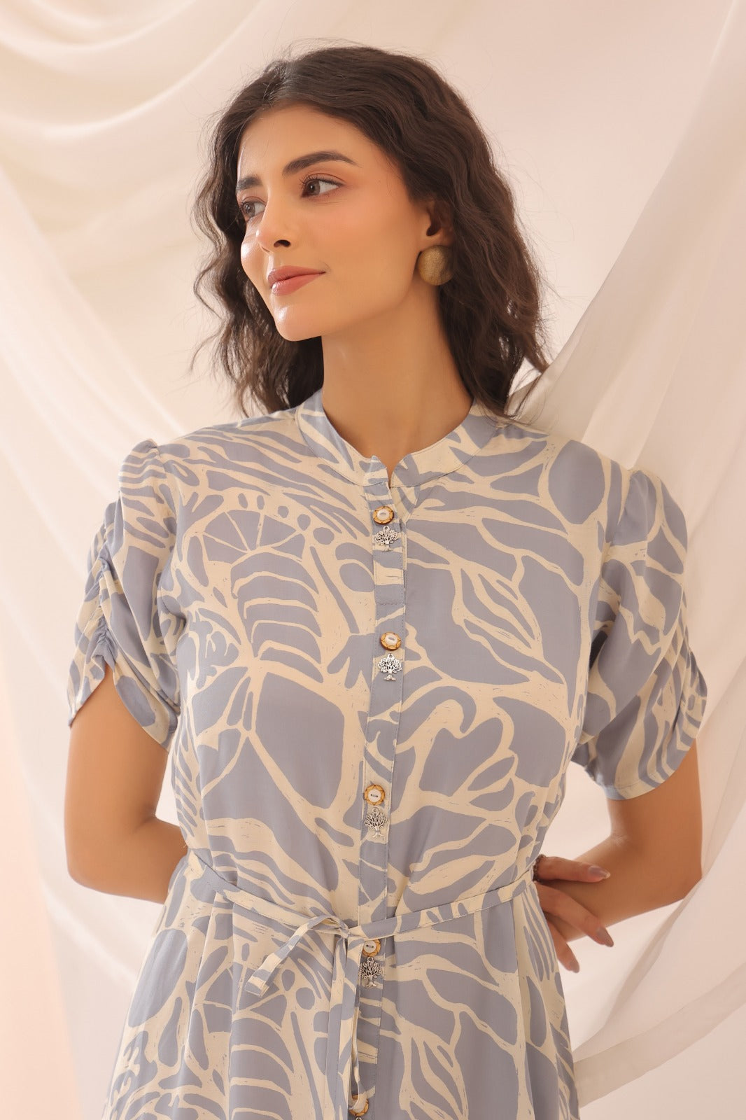 Pastel Blue Leaf Print Button-Down Midi Dress