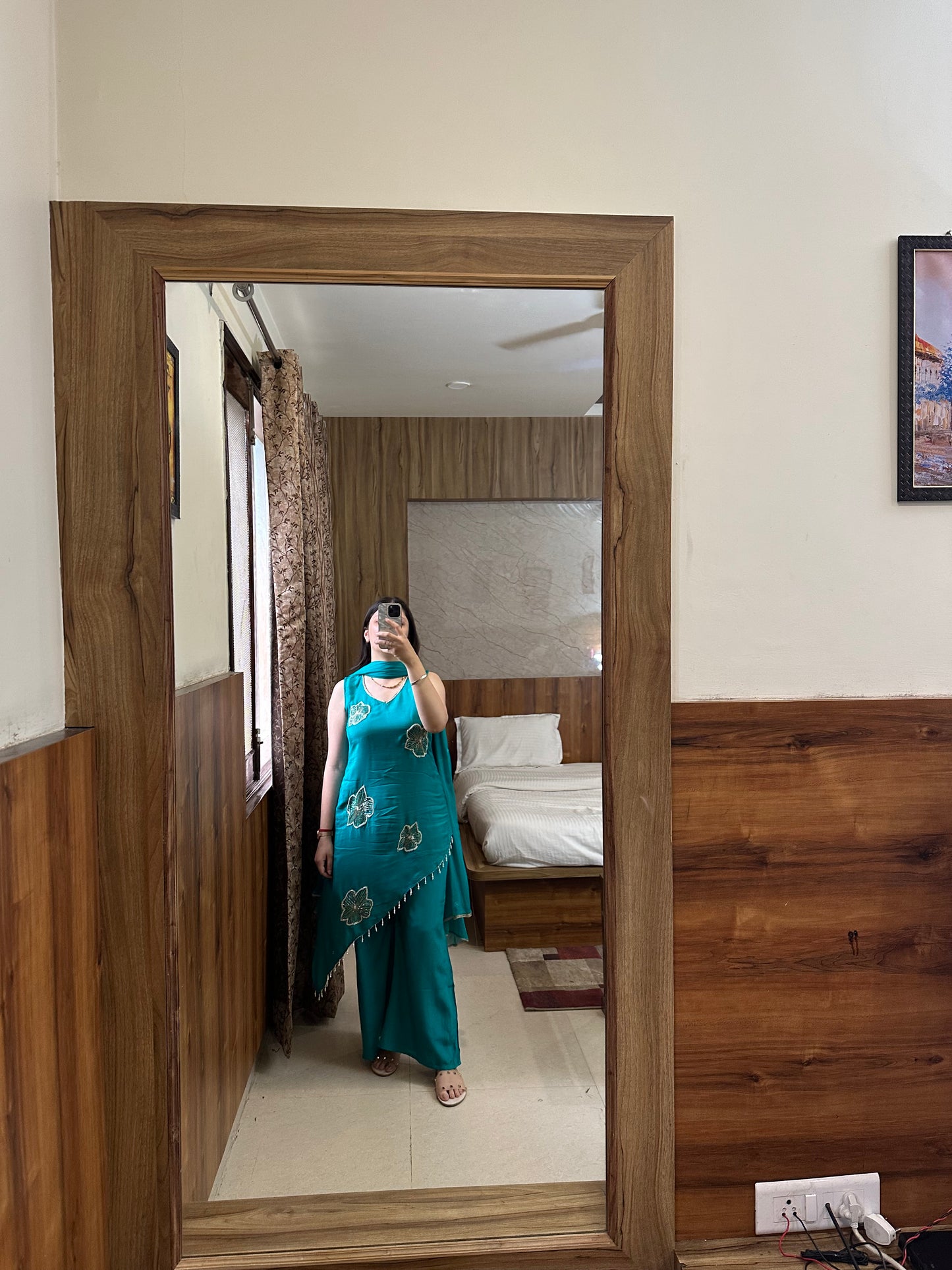 Teal Cotton Asymmetrical Kurta Set with Floral Embellishments