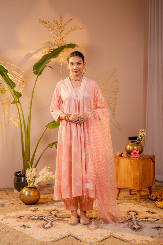 Pink Cotton Anarkali Suit Set