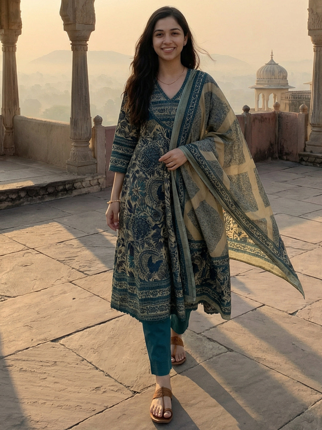 Teal Cotton Anarkali Suit Set for Women