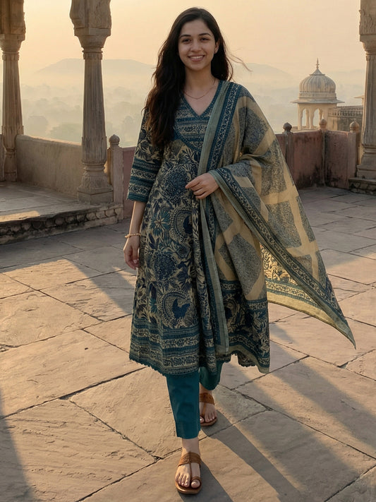 Teal Cotton Anarkali Suit Set for Women