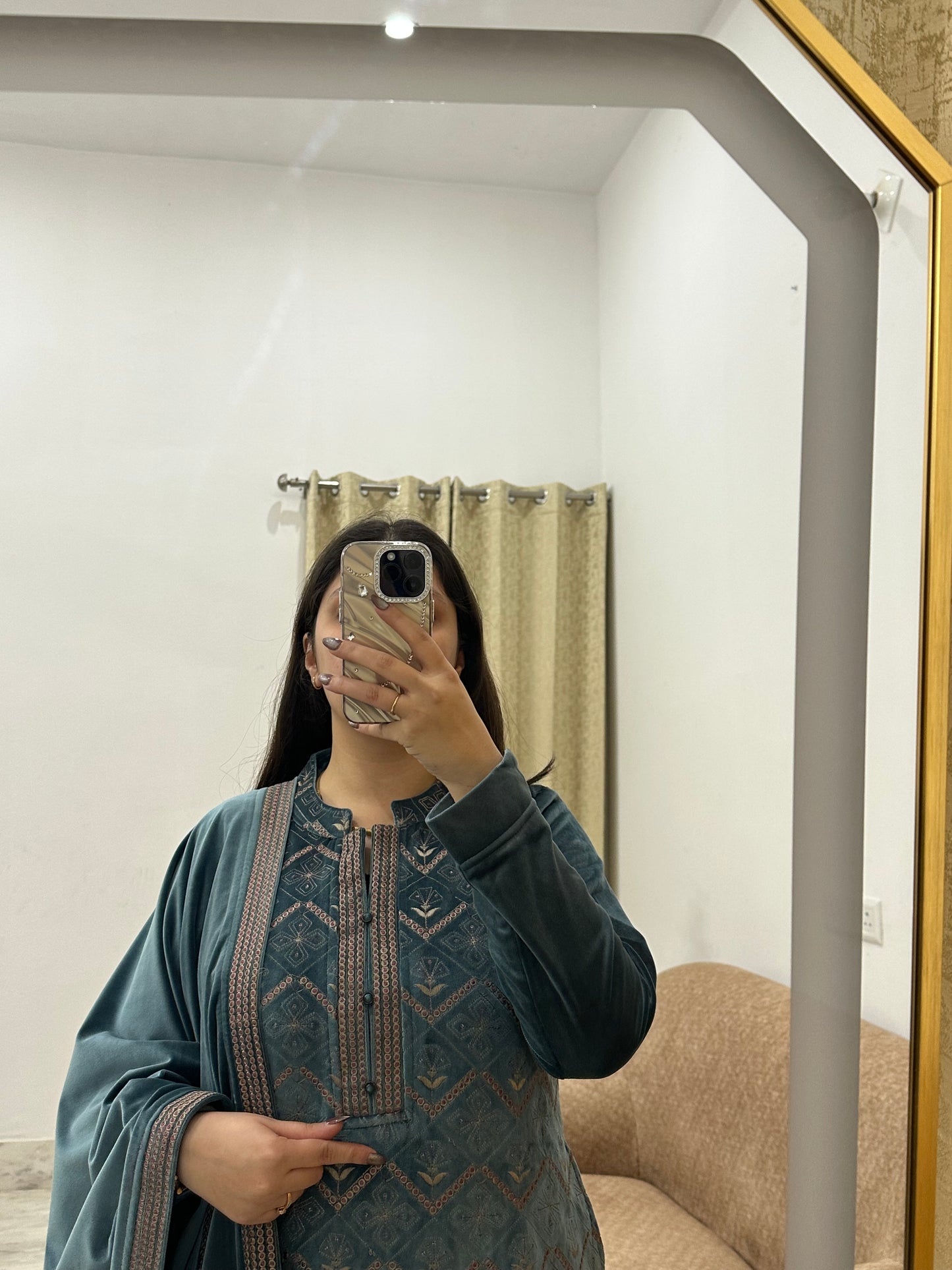 Teal Blue Velvet Suit Set with Intricate Thread Embroidery & Matching Dupatta