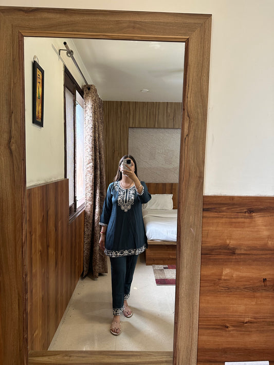 Teal Embroidered Cotton Kurta Set