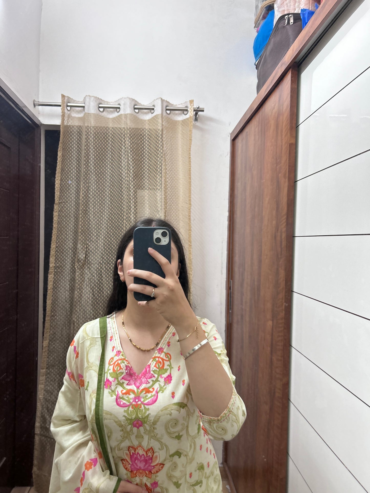 Ivory Pink Lotus Print Suit Set with Dupatta