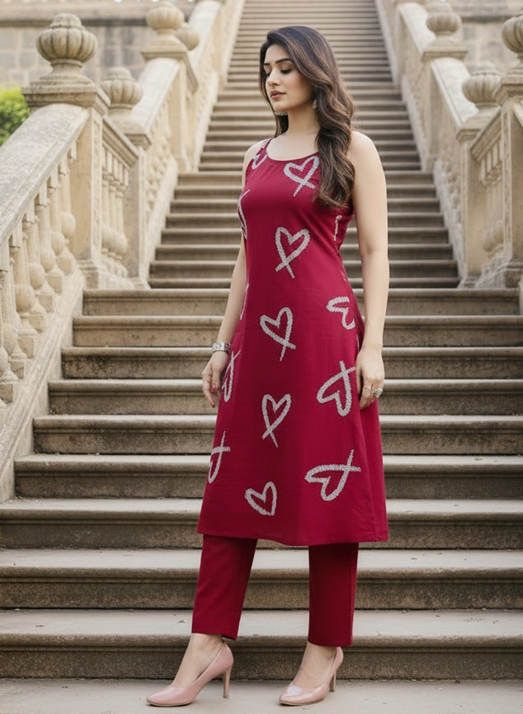 Maroon Khadi Cotton Strap Kurta Set