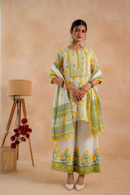 Yellow & Green Printed Pure Cotton Floral Ethnic 3-Piece Suit Set for Women