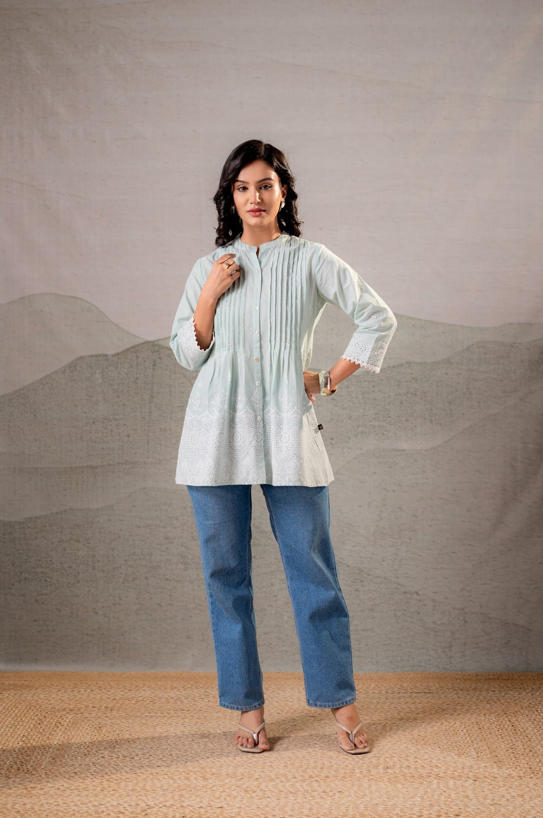 Sea Green Cotton Short Kurta Pintuck & Schiffli Work Summer Top