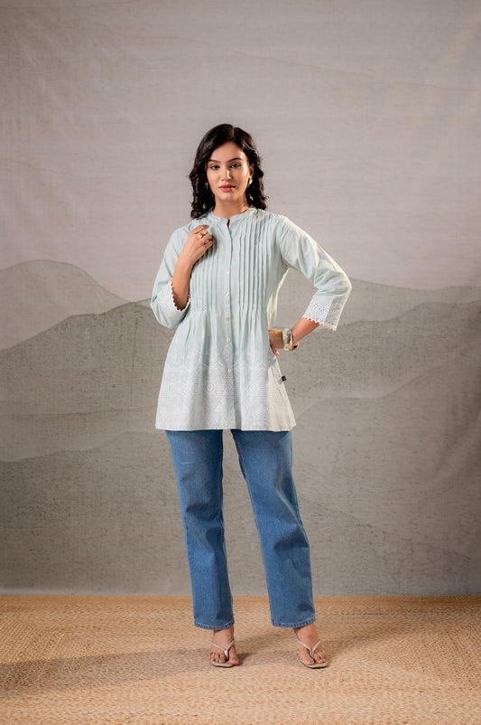 Sea Green Cotton Short Kurta Pintuck & Schiffli Work Summer Top