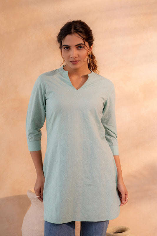 Sea Green Cotton Kurti with Self Thread Work