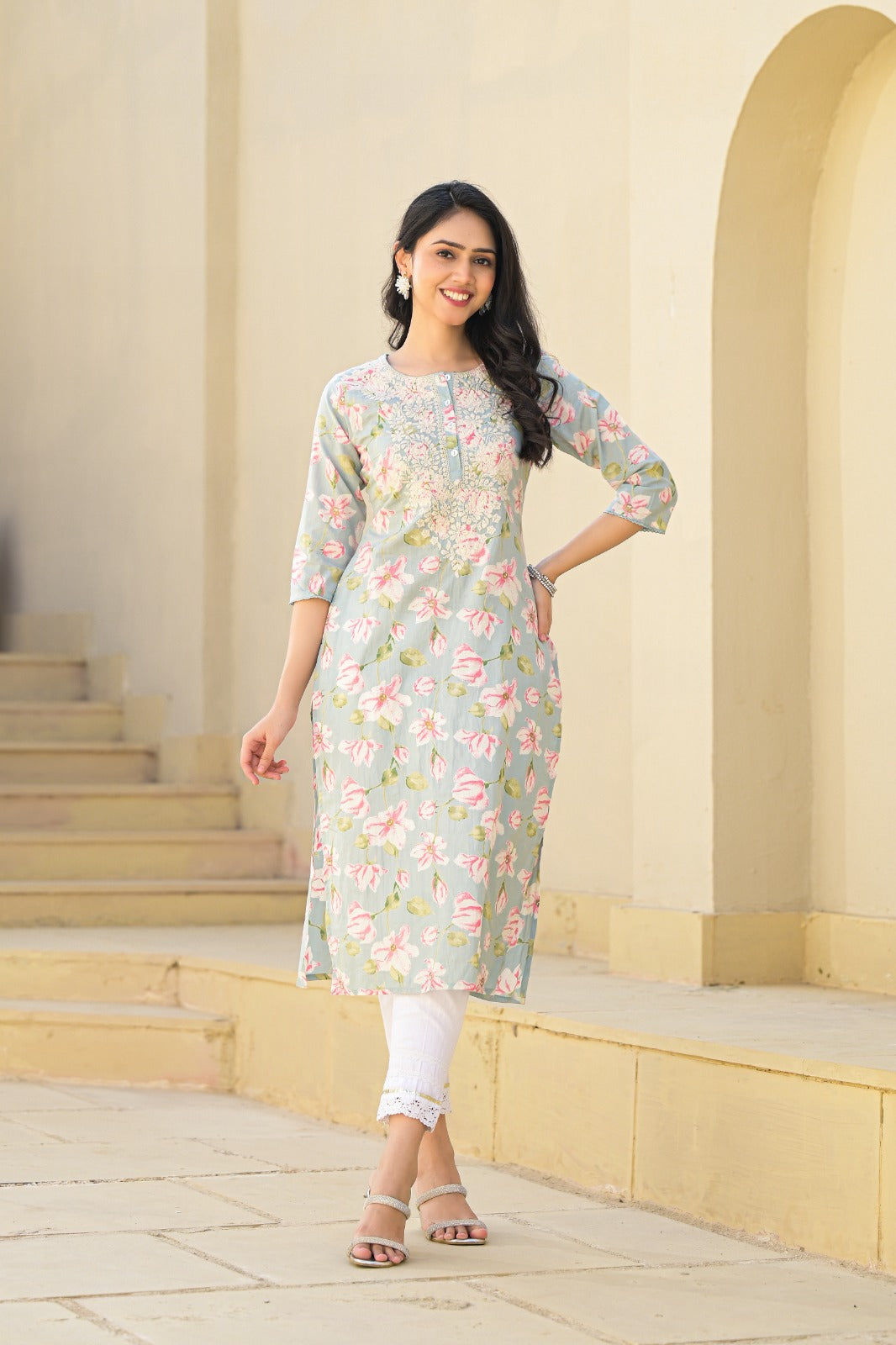 Sky Blue Floral Cotton Printed Summer Ethnic Kurta