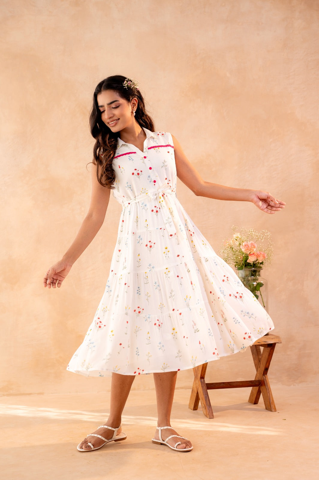White Printed Cotton Sleeveless Floral Summer Midi Dress