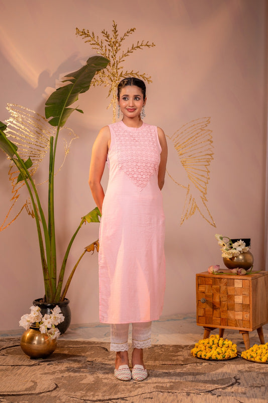 Pink Cotton Elegant Sleeveless Ethnic Kurta with Embroidered Yoke