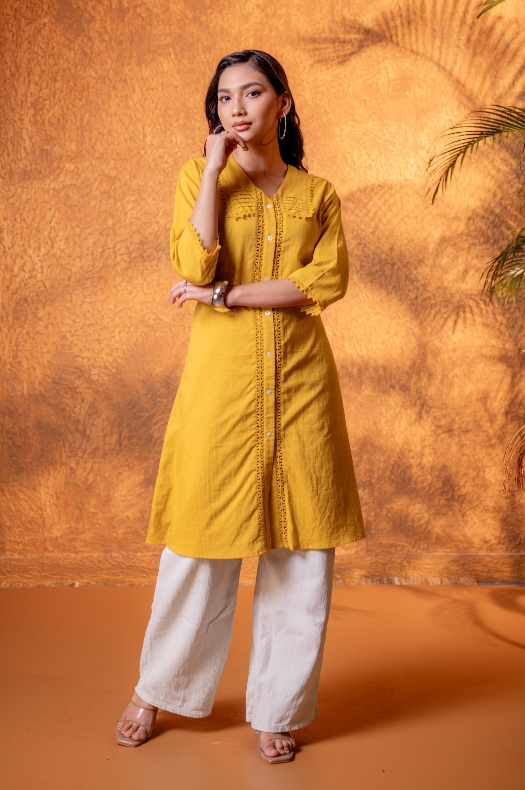 Mustard Yellow Cotton Long Kurta for Women – Front Button Ethnic Kurta