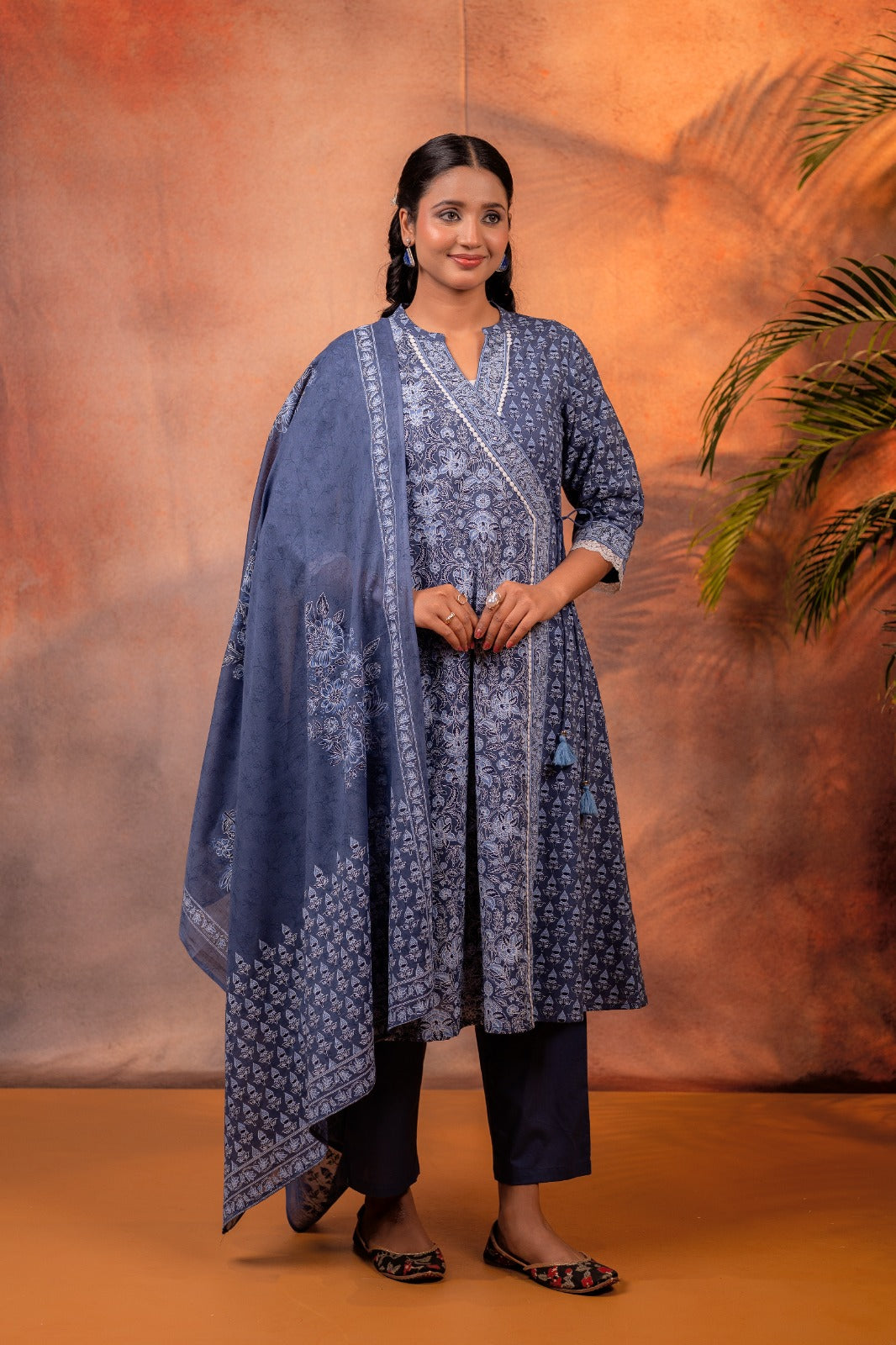 Indigo Blue Cotton Angrakha Suit Set for Women – Printed Ethnic Kurta Set with Dupatta