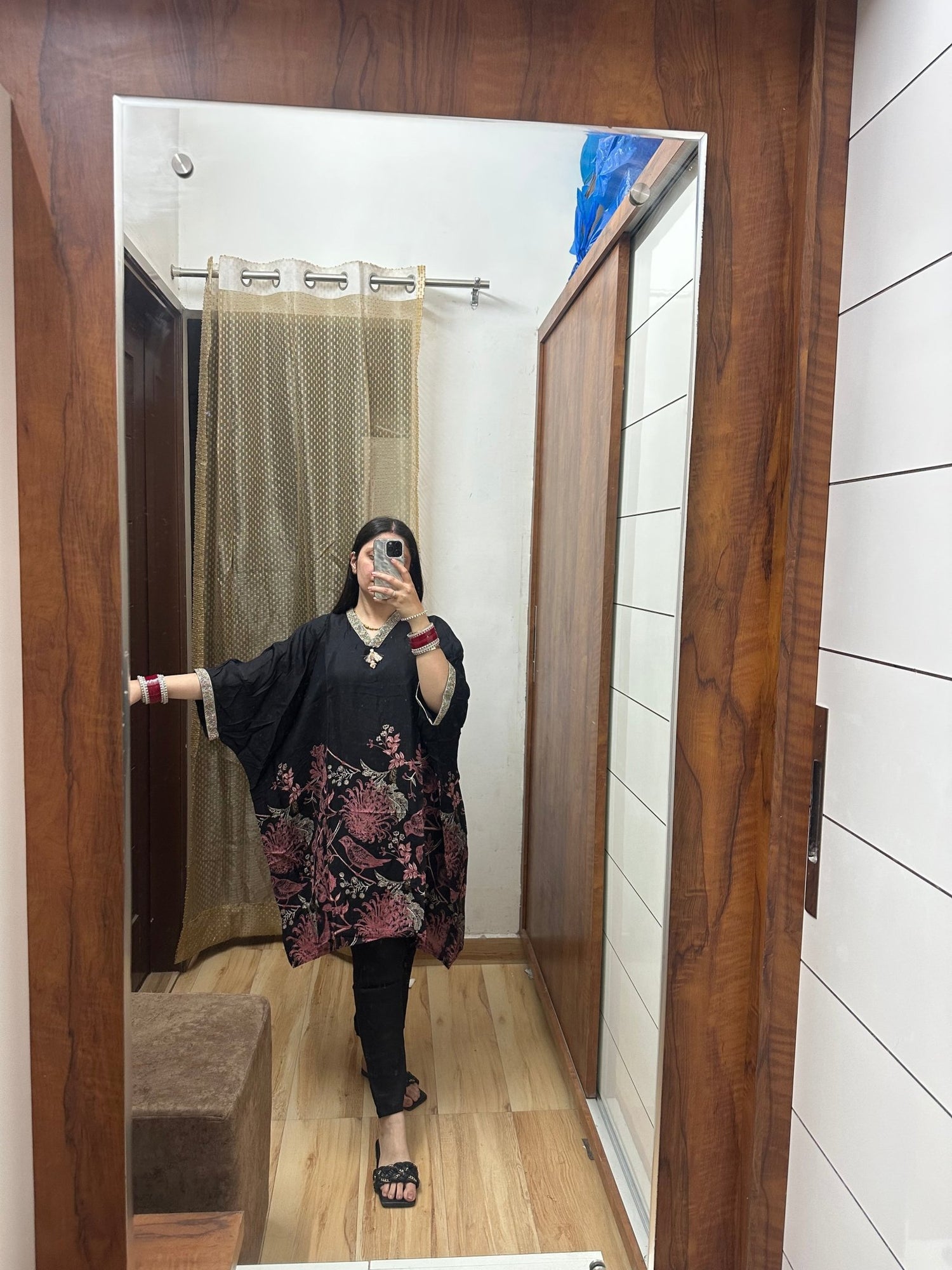 Black Printed Kaftan Set with Embroidered Lace Detailing on Neck and Sleeves, Paired with Comfortable Pants - Label Vaani Sethi - 