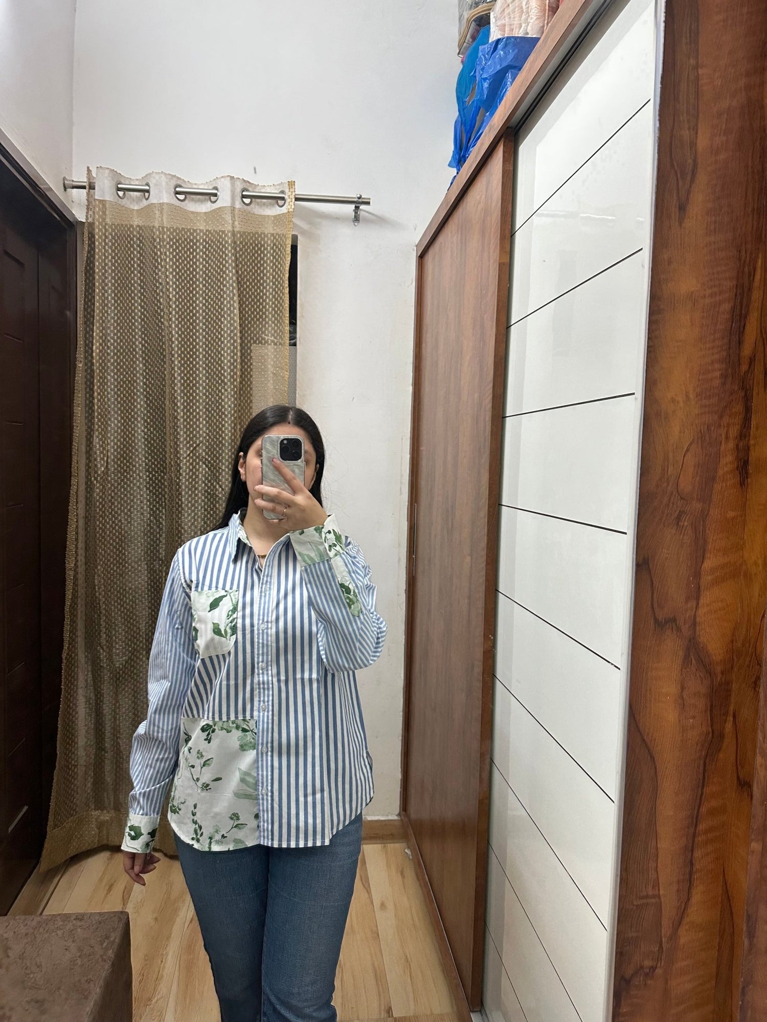 Striped & Floral Patchwork Button - Down Shirt - Label Vaani Sethi - 